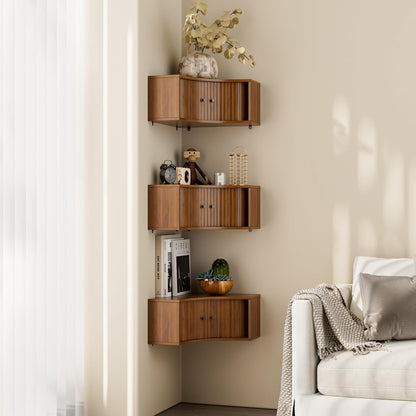 Corner Shelves Wall Cabinet Set of 3, Floating Corner Shelf Organizer with Sliding Doors, Fluted Wall Cabinet for Living Room, Bedroom, Office, Small Space, Walnut (Curved, 15.74“)