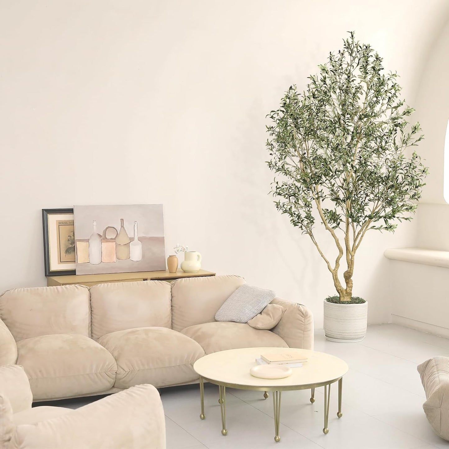 Realead Artificial Olive Tree 8ft - Large Faux Olive Tree with Realistic Leaves and Olives - Full and Grand Design Fake Olive Tree with Sturdy Base for Indoor Outdoor Office Decor
