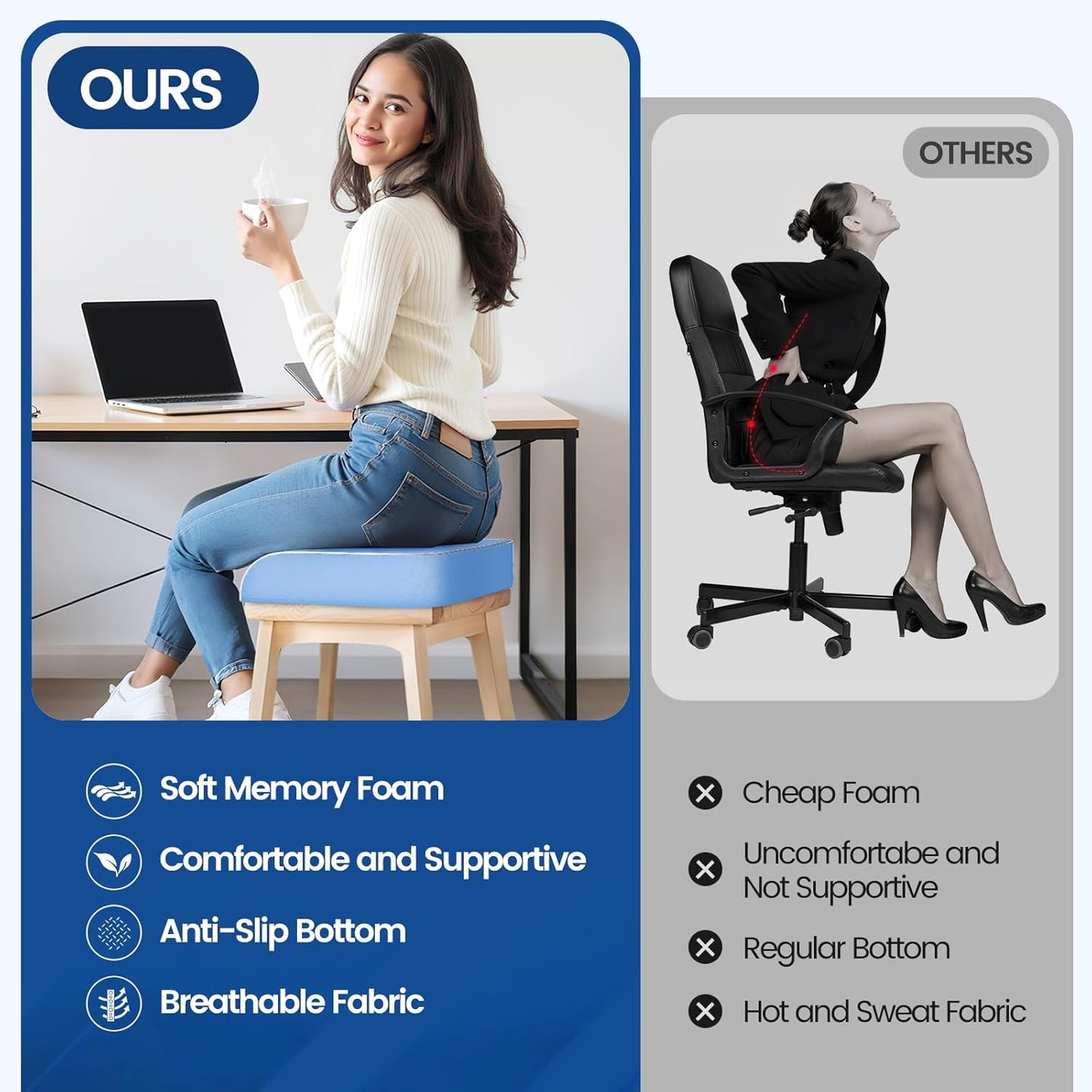 SweetSlubr Seat Cushion for Tailbone Pain Relief, Office Chair Cushion, Memory Foam Large Cushion with Non-Slip Cover for Soft Support at Office Chair, Car Seat, Airplane, Floor Pillow, Black/Large