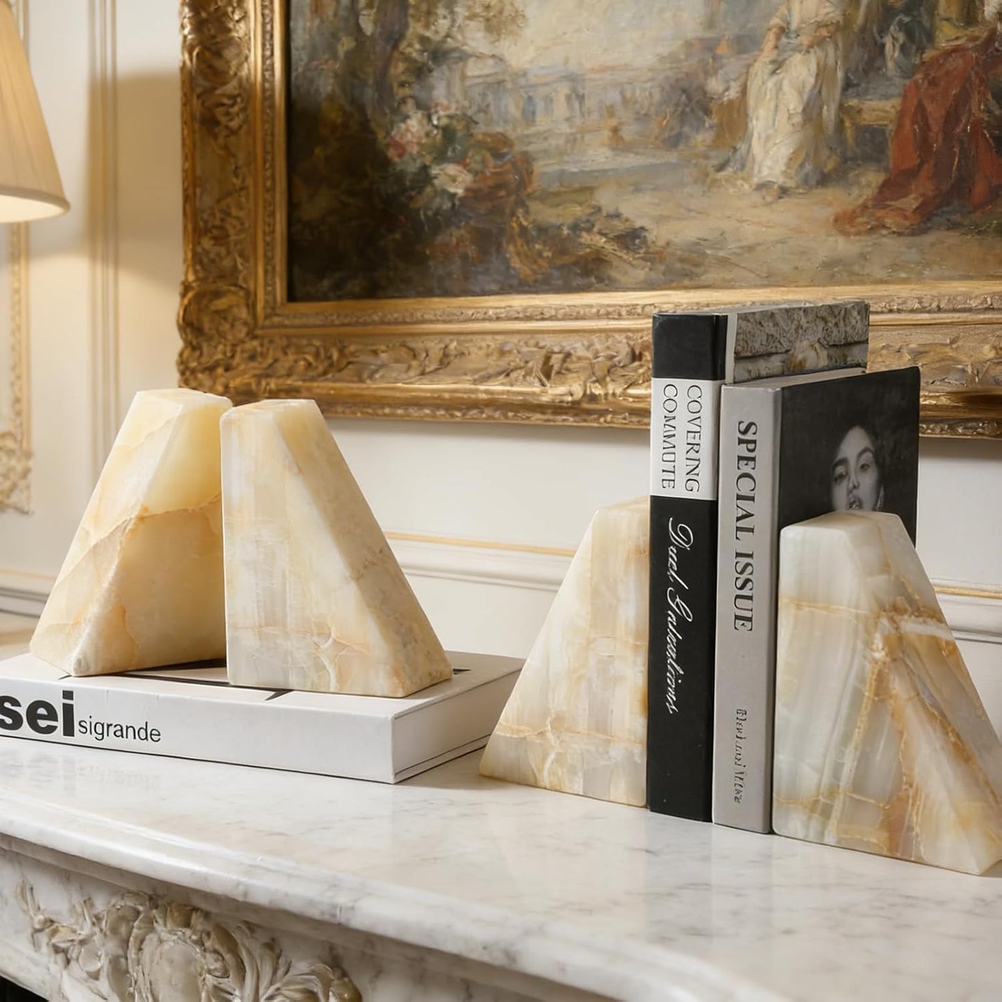 Karibiber Travertine Bookends for Heavy Books, Marble Decorative Bookends for Shelves, Heavy-Duty Stone Book Ends for Hardback Book & Cookbooks, Unique Book Stopper & Holder, Travertino Italy