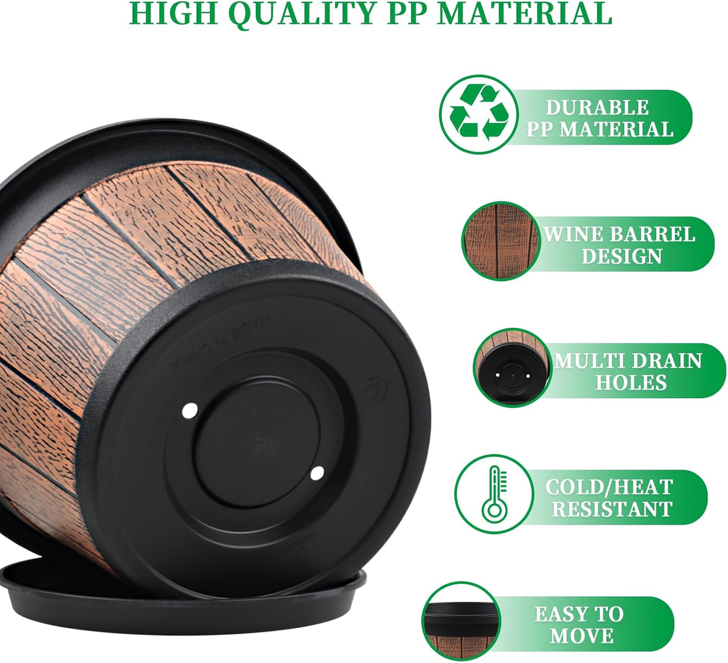 Quarut 4 Pack 10 inch Plant Pots,Upgrade Whiskey Barrel Planters with Drainage Holes & Saucer,Plastic Decoration Flower Pots Retro Design,Planters for Outdoor Indoor Garden Home Plants (Brown)