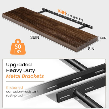 Floating Shelves 36 Inches Long - 8 Inch Deep Rustic Premium Solid Pine Wood for Storage - Farmhouse Wall Mounted for Living Room - Heavy-Duty Metal Bracket - 36" W x 8" D - Set of 2 - White Color