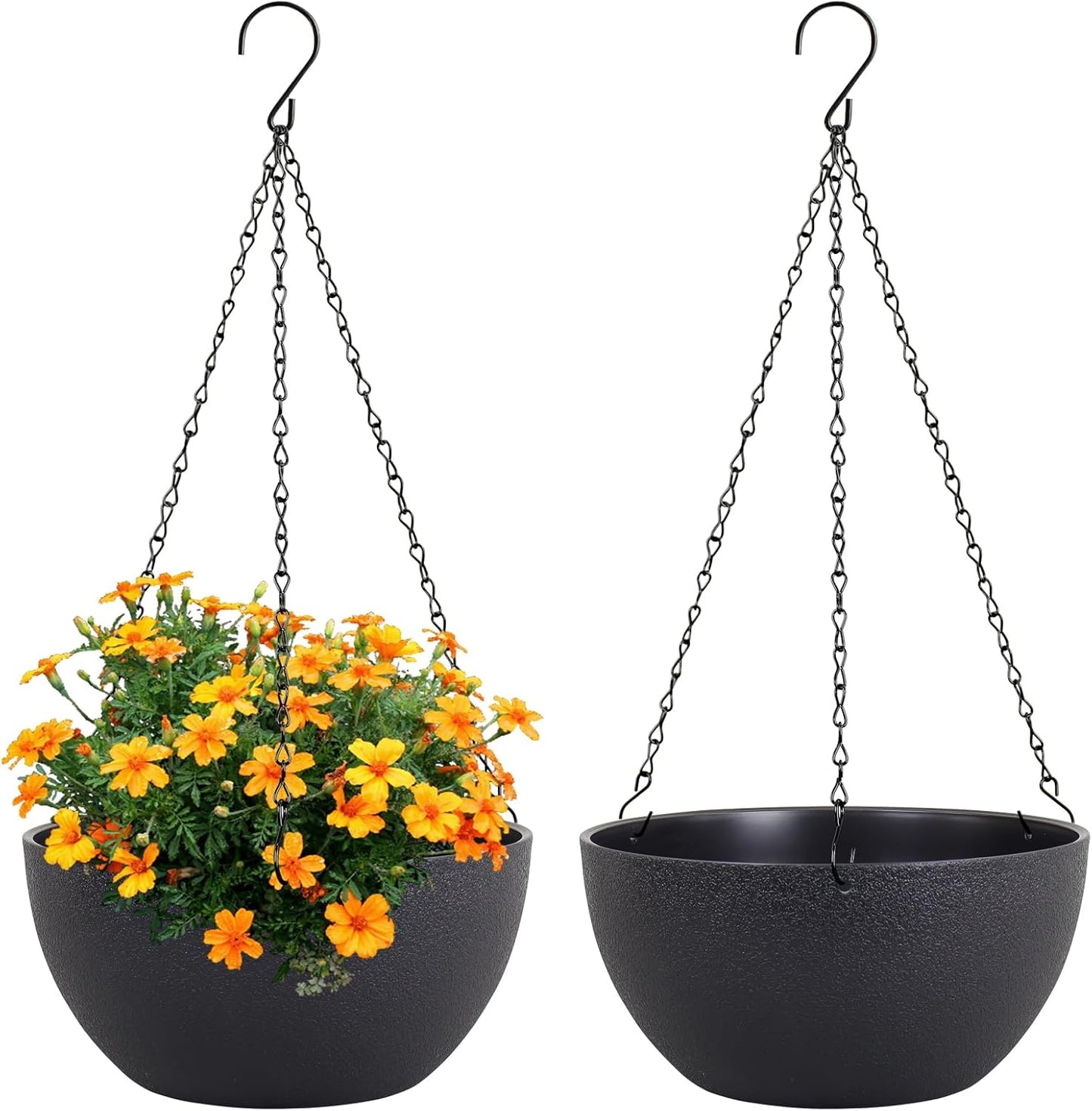 Meowell 10 inch Hanging Planters for Indoor Outdoor Plants, 2 Pack Hanging Flower Pots with Drainage Holes and Chain for Garden Porch, Plastic Hanging Baskets for House Plants, Speckled Grey