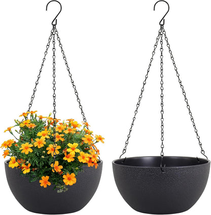 Meowell 10 inch Hanging Planters for Indoor Outdoor Plants, 2 Pack Hanging Flower Pots with Drainage Holes and Chain for Garden Porch, Plastic Hanging Baskets for House Plants, Speckled Grey