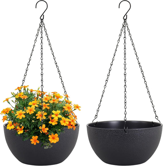 Meowell 10 inch Hanging Planters for Indoor Outdoor Plants, 2 Pack Hanging Flower Pots with Drainage Holes and Chain for Garden Porch, Plastic Hanging Baskets for House Plants, Speckled Grey