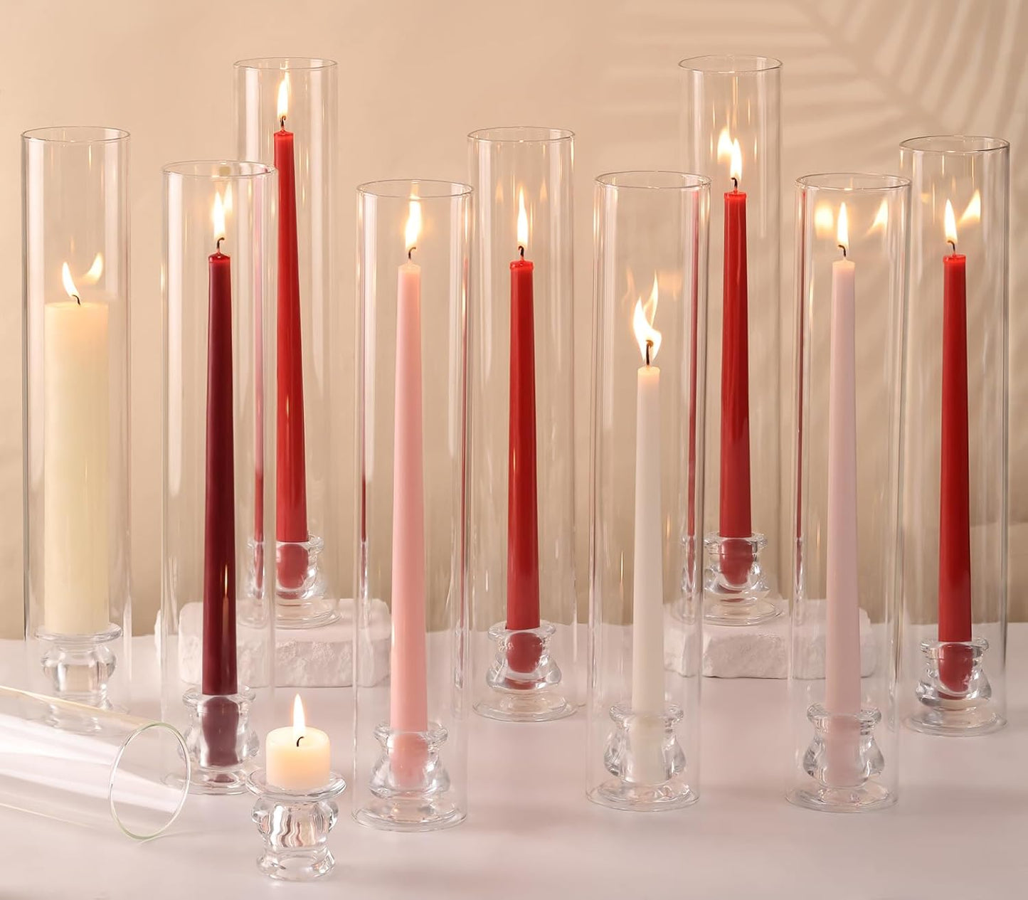 Volens Hurricane Glass Candle Holders - Set of 6 Candlestick Holders for Taper Candles with Windproof Cylinder Covers 14" Tall Clear Glass Chimney Cover for Wedding Table Centerpiece Home Decor