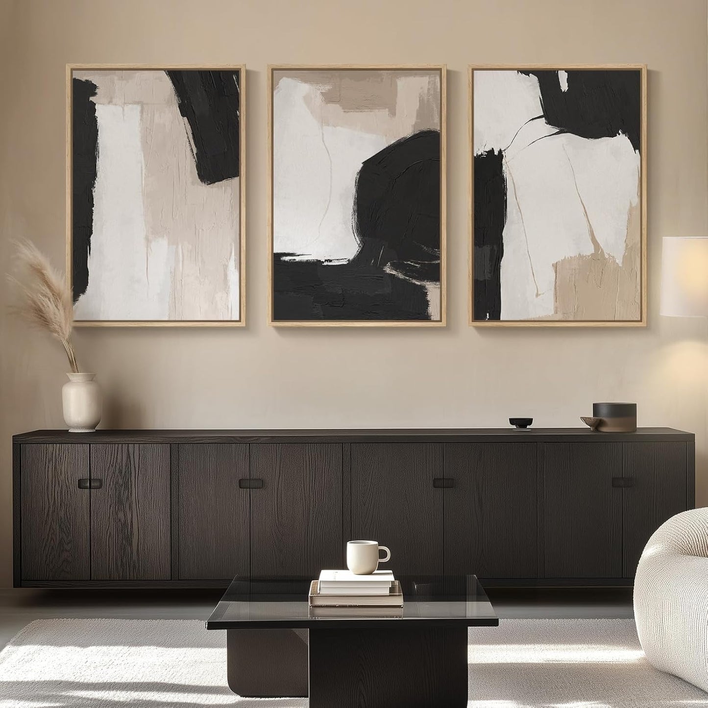 Large Framed Neutral Abstract Wall Art for Living Room, 3 Piece Modern Canvas Prints Paintings Artwork for Walls, Black and Beige Pictures for Living Room Hallway Stair Office Wall Decor 24x36 Inch