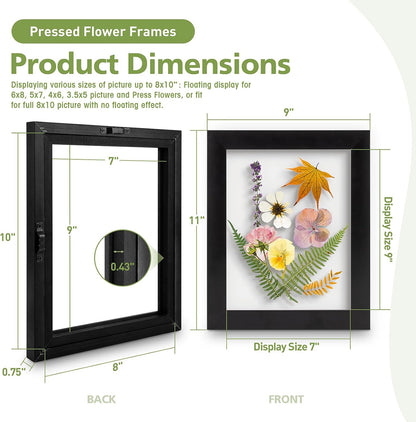 Golden State Art, 11X14 Floating Picture Frame, Black Wood Frame Display Any Size Photo Up To 11X14, Pressed Flower Frames with Hanging Hardware - Horizontal And Vertical Formats for Wall
