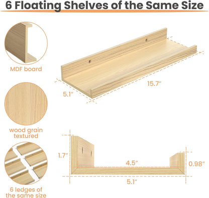 upsimples 6 Pack Wooden Floating Shelves, Wall Storage Decor Shelf for Bathroom, Bedroom, Living Room, Kitchen, Office and Laundry Room, Wall Mounted Display Hanging Shelf, Brown