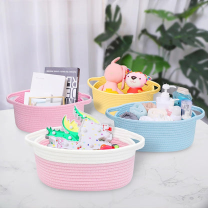 ABenkle Small Basket with Handles, Boho Decorative Rope Woven Dog Cat Toy Storage Bin Shelf Storage Organizer, Easter Christmas Gift Basket, 12"x8"x5", White
