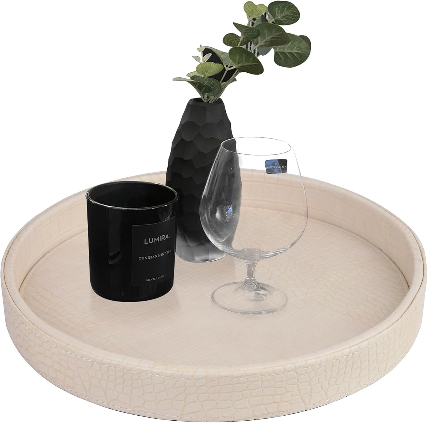 HofferRuffer Round Serving Tray 20'', Elegant Faux Leather Circle Ottoman Table Tray, Serve Tea Coffee Breakfast in Bedroom Living Room Kitchen (Brown)