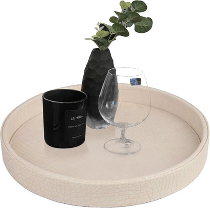 HofferRuffer Round Serving Tray 20'', Elegant Faux Leather Circle Ottoman Table Tray, Serve Tea Coffee Breakfast in Bedroom Living Room Kitchen (Brown)