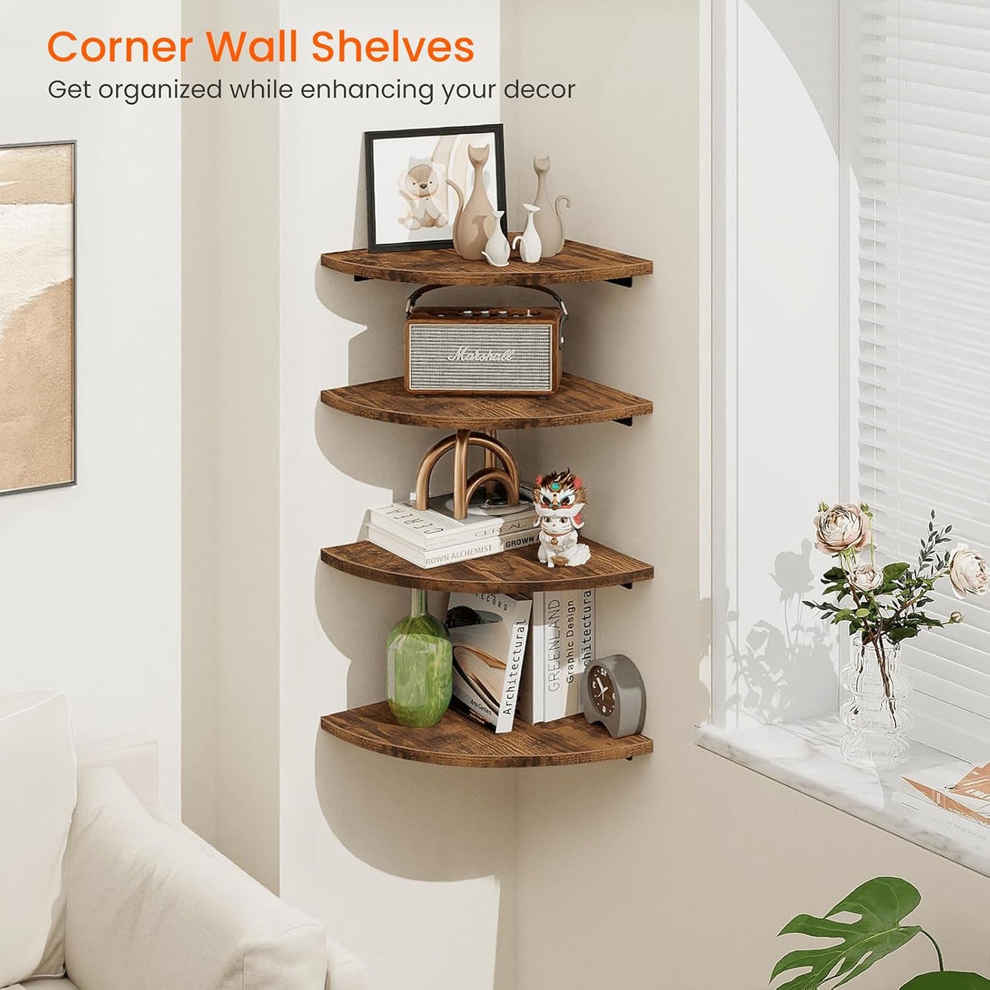 Homode Corner Wall Shelf, 12 in Wide Rounded Corner Shelf Floating, Set of 2 Wooden Hanging Corner Shelves with Wire Hole for Bathroom Living Room Office, White