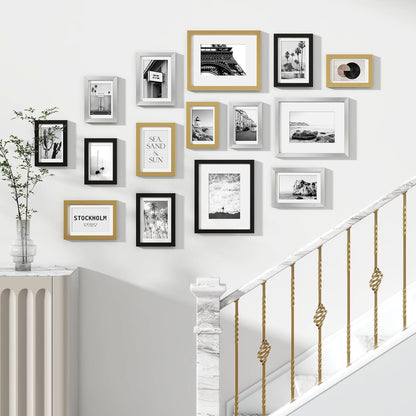 Venusmiles 15 Pack Picture Frames Collage Wall Decor, Gallery Frame Set for Wall Mounting or Tabletop Display, Multi Sizes Including 3pcs 8x10, 6pcs 5x7, 6pcs 4x6, Oak