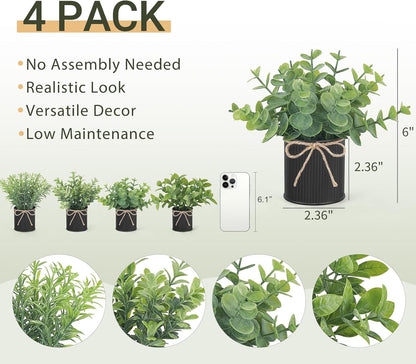 Mkono 4 Packs Small Fake Plants in Farmhouse Galvanized Pots Table Centerpiece Mini Potted Artificial Plants Faux Eucalyptus for Shelf Office Rustic Home Decor (White, Mini-6" H)