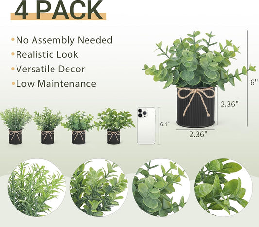 Mkono 4 Packs Small Fake Plants in Farmhouse Galvanized Pots Table Centerpiece Mini Potted Artificial Plants Faux Eucalyptus for Shelf Office Rustic Home Decor (White, Mini-6" H)