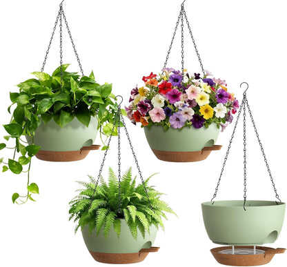 UOUZ Set of 3-10 Inch Self Watering Hanging Planters for Indoor Outdoor，Hanging Plant Pots with Drainage & Removable Tray, Hanging Pots Holder for Ivy, Pothos, Ferns, Balcony & Patio, Black with Brown