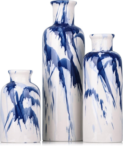 Blue Ceramic Vase Set - 3 Blue Small Vases, Farmhouse Country Flower Vase Home Decor, Living Room Decoration, Table Decoration, Fireplace Decor, and Entrance Decorations Centerpieces