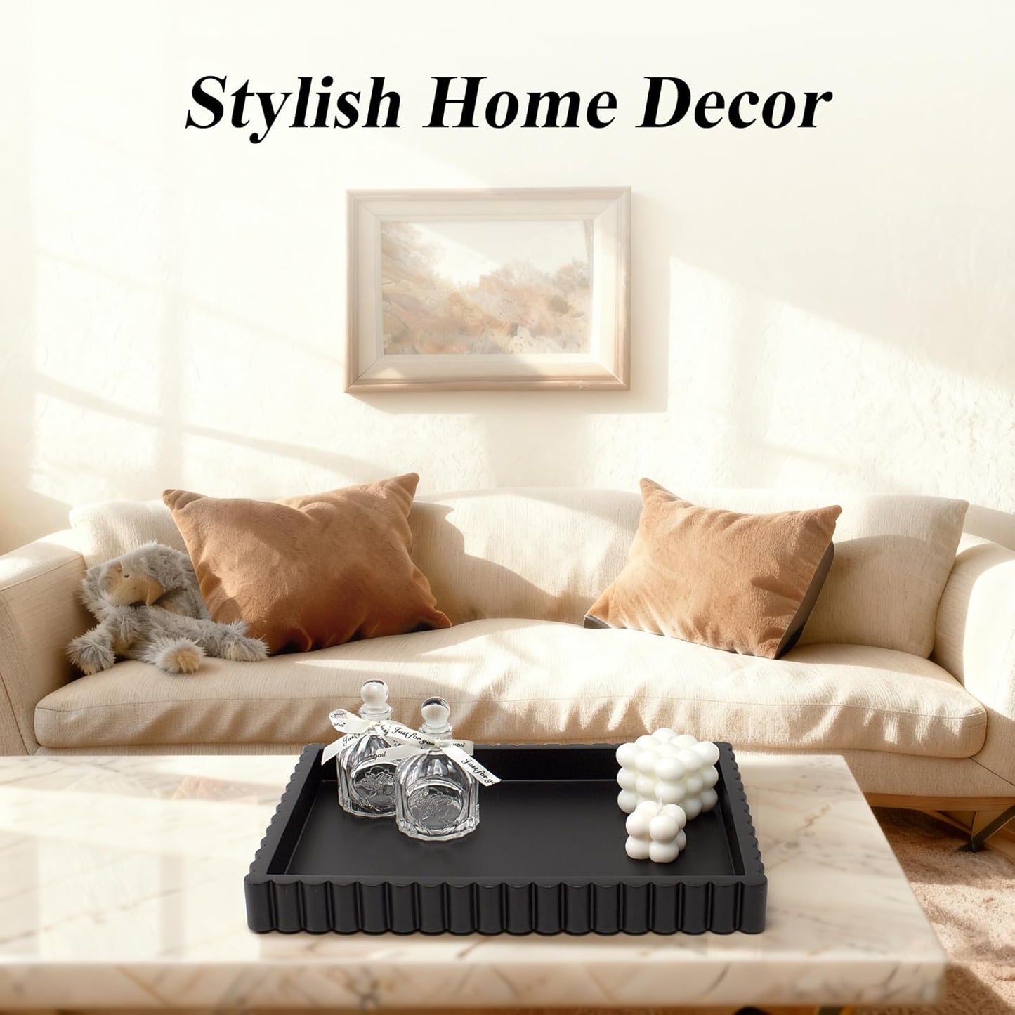 YMXYJM-Scalloped Coffee Table Tray，Ottoman Tray for Modern Home Decor. 14" Decorative Tray for Entryway Table Decor, Living Room Table Decor, Coffee Table Centerpiece - Beige Resin