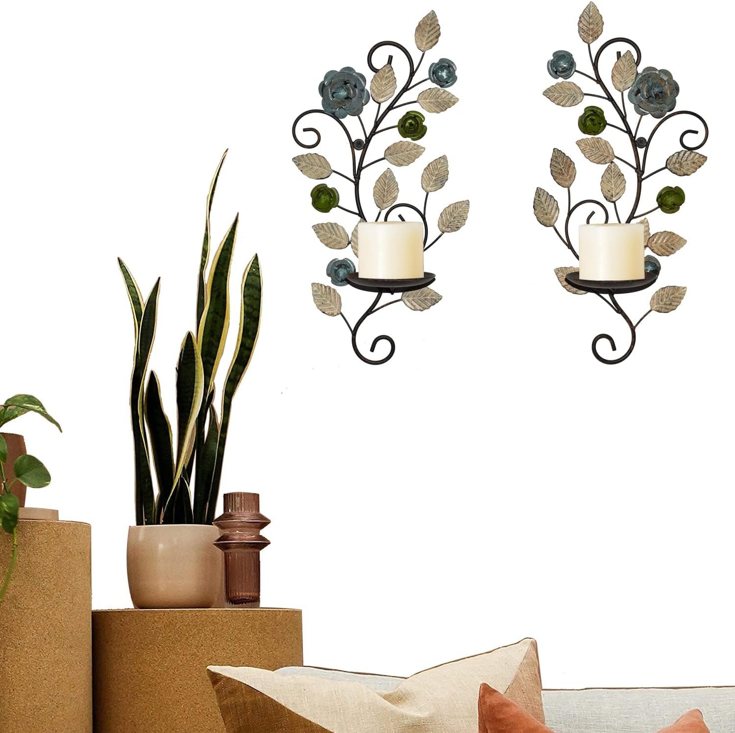Wall Sconces Candle Holder Set of 2, Antique Multi-Color Leaf Branch Wall Mount Hanging Metal Wall Candle Holder Candle Sconce for Living Room Dining Room…