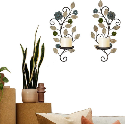 Wall Sconces Candle Holder Set of 2, Antique Multi-Color Leaf Branch Wall Mount Hanging Metal Wall Candle Holder Candle Sconce for Living Room Dining Room…