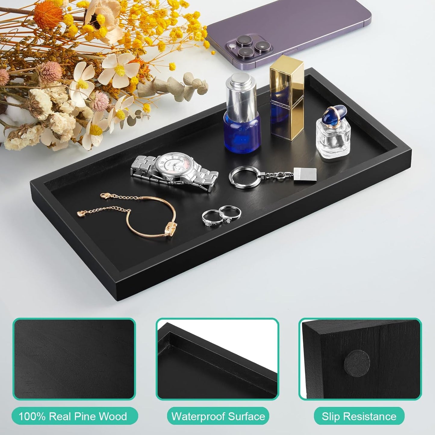 ALELION 11.7" Bathroom Vanity Tray for Counter - Acacia Wood Decorative Tray for Toilet Tank Makeup Perfume Jewelry Catchall Coffee Table - Wooden Kitchen Countertop Organizer for Soap Dispenser
