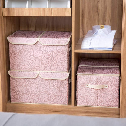 PRANDOM Larger Collapsible Storage Bin with Lid [1-Pack] Fabric Decorative Storage Box Cube Organizer Container Baskes with Handles Divider for Bedroom Closet Living Room Pink 17.7x11.8x11.8 Inch