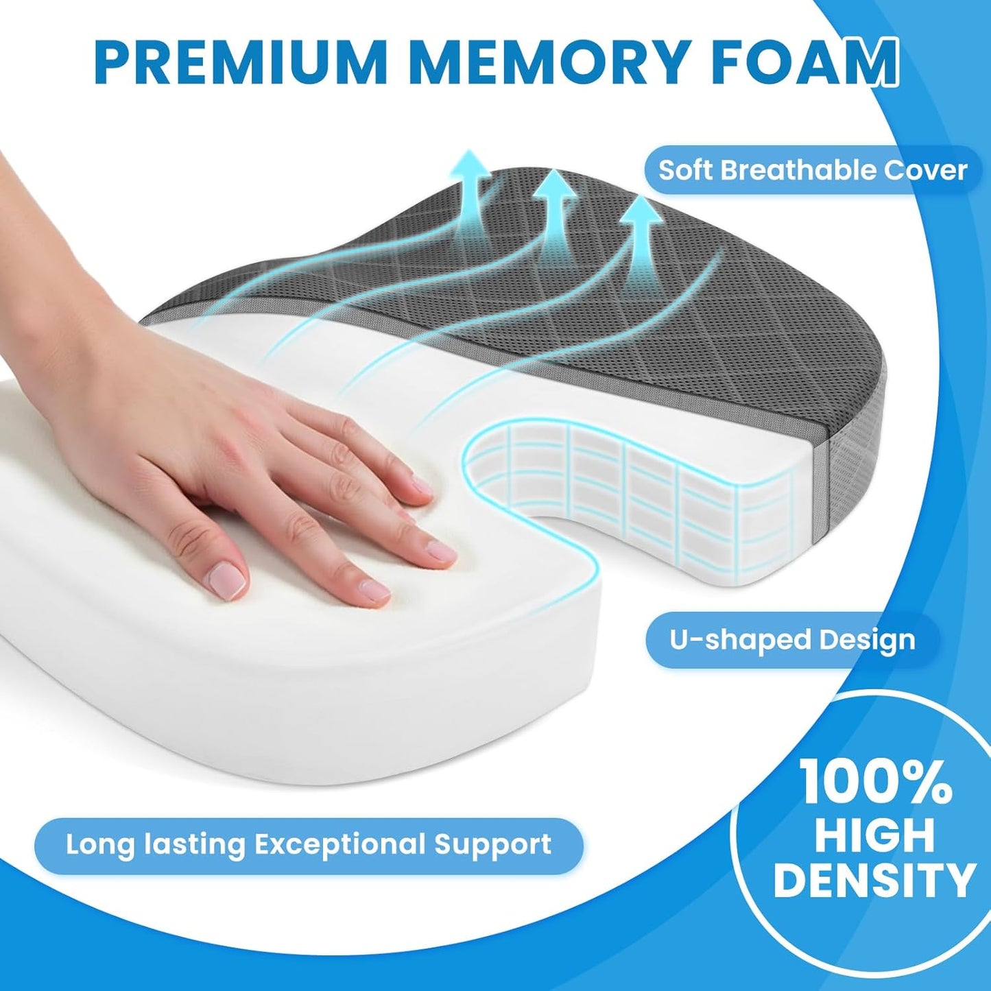 TushGuard Seat Cushion - Memory Foam Cushion for Office Chair, Car Seat, Airplane, Bleacher - Sciatica & Hip & Coccyx Pain Relief Desk Chair Cushion for Long Sitting Office Workers, Car Drivers