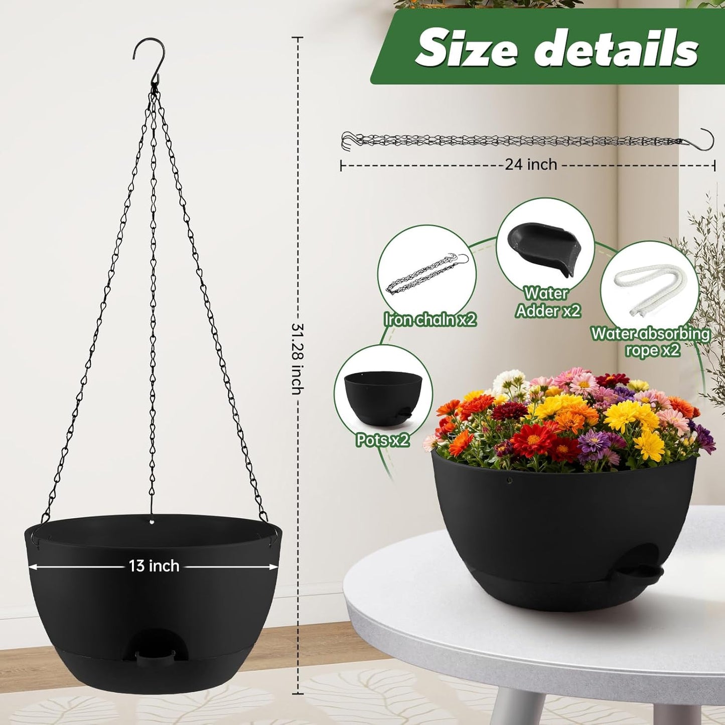 3-Piece Set of 10-Inch Hanging Planters with Automatic Watering System and Drip Tray, Includes Metal Chain, Suitable for Various Indoor and Outdoor Plants and Flowers, Green Brown