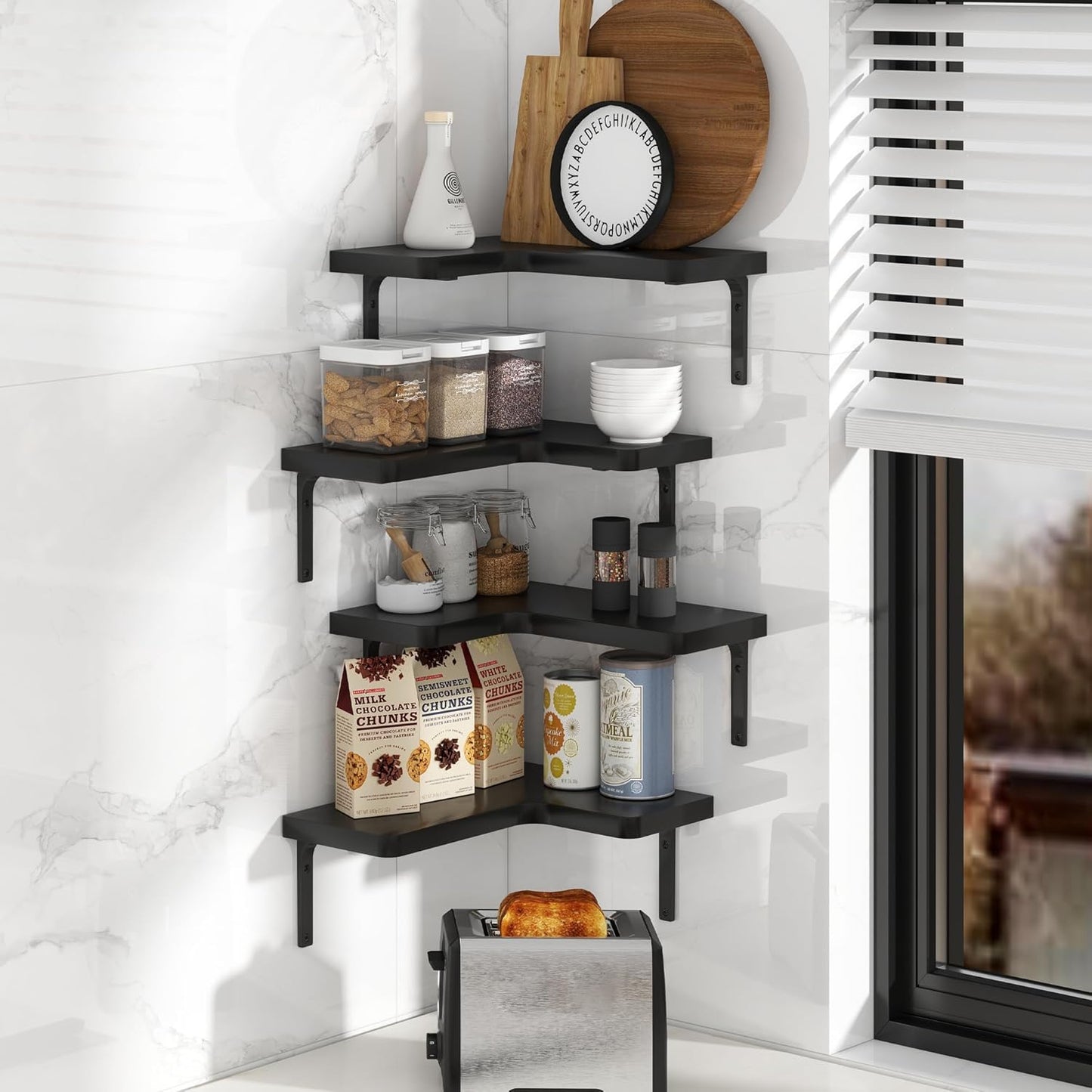 Venusmiles Corner Floating Shelves Set of 4, Wall Mounted L-Shaped Storage - Maximize Unused Corner Space in Bathroom, Kitchen, Bedroom, Office, Dark Carbonized