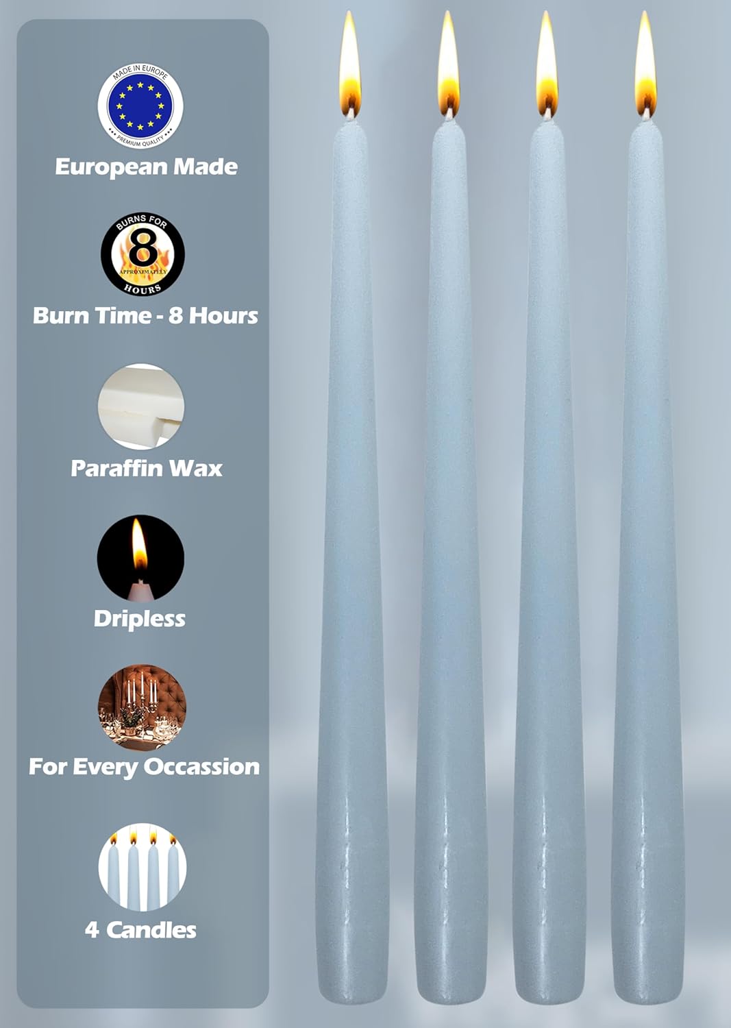 Hyoola Tall Taper Candles - 10 Inch Metallic Gold Unscented Dripless Taper Candles - 8 Hour Burn Time - 4 Pack