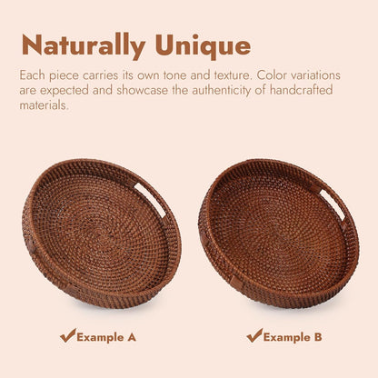 13.8 inch Round Rattan Tray, Decorative Coffee Table Tray, Ottoman Tray, Woven Serving Tray with Handles, Wicker Serving Basket, Whitewash