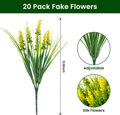 20 Bundles Artificial Plants Outdoor, UV Resistant Fake Flowers， Realistic Faux Lavender Shrubs for Porch Garden Window Box Home Decoration (Purple)