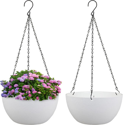 Meowell 10 inch Hanging Planters for Indoor Outdoor Plants, 2 Pack Hanging Flower Pots with Drainage Holes and Chain for Garden Porch, Plastic Hanging Baskets for House Plants, Speckled Grey