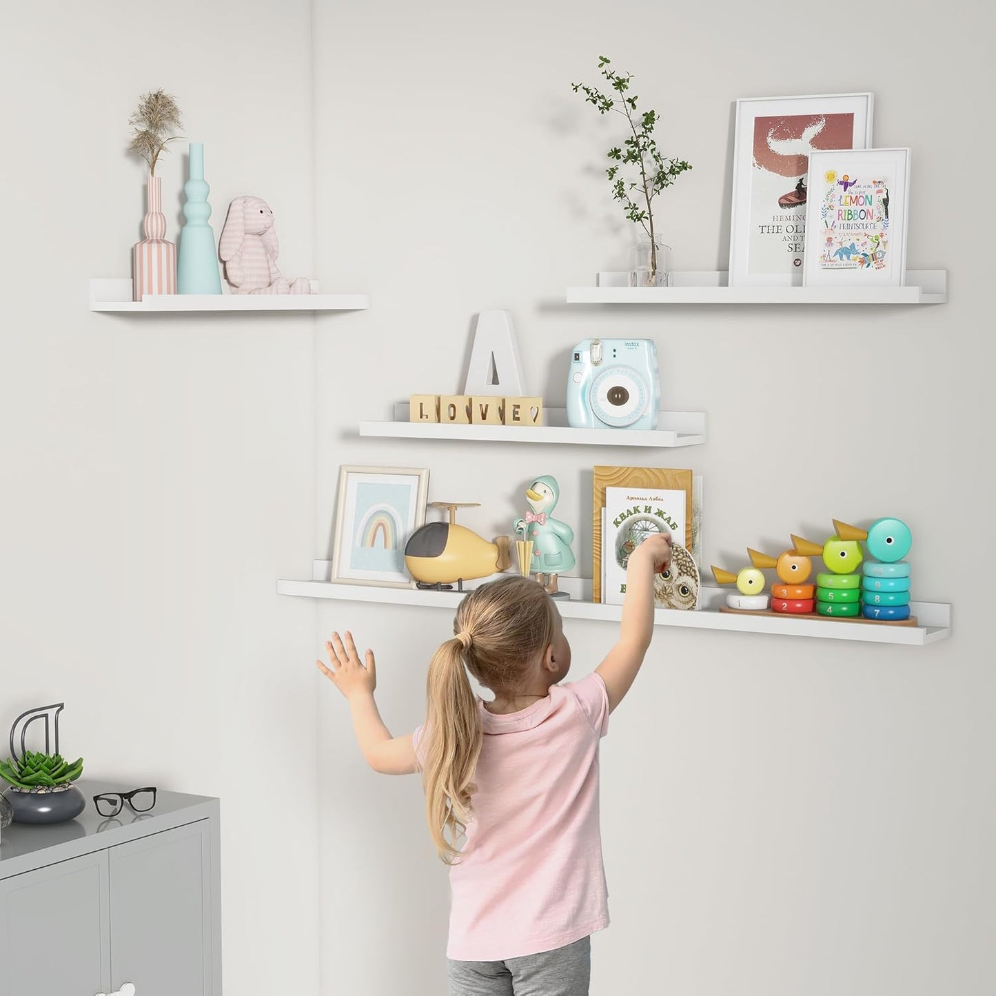 FLYJOE Picture Ledge Shelf, Floating Shelves Set of 2, 48 Inches Long Large Nursery Book Shelves for Toys Storage, Kids Bookshelf Wall Mounted for Living Room Bedroom Decor Books Photo Frames, Walnut