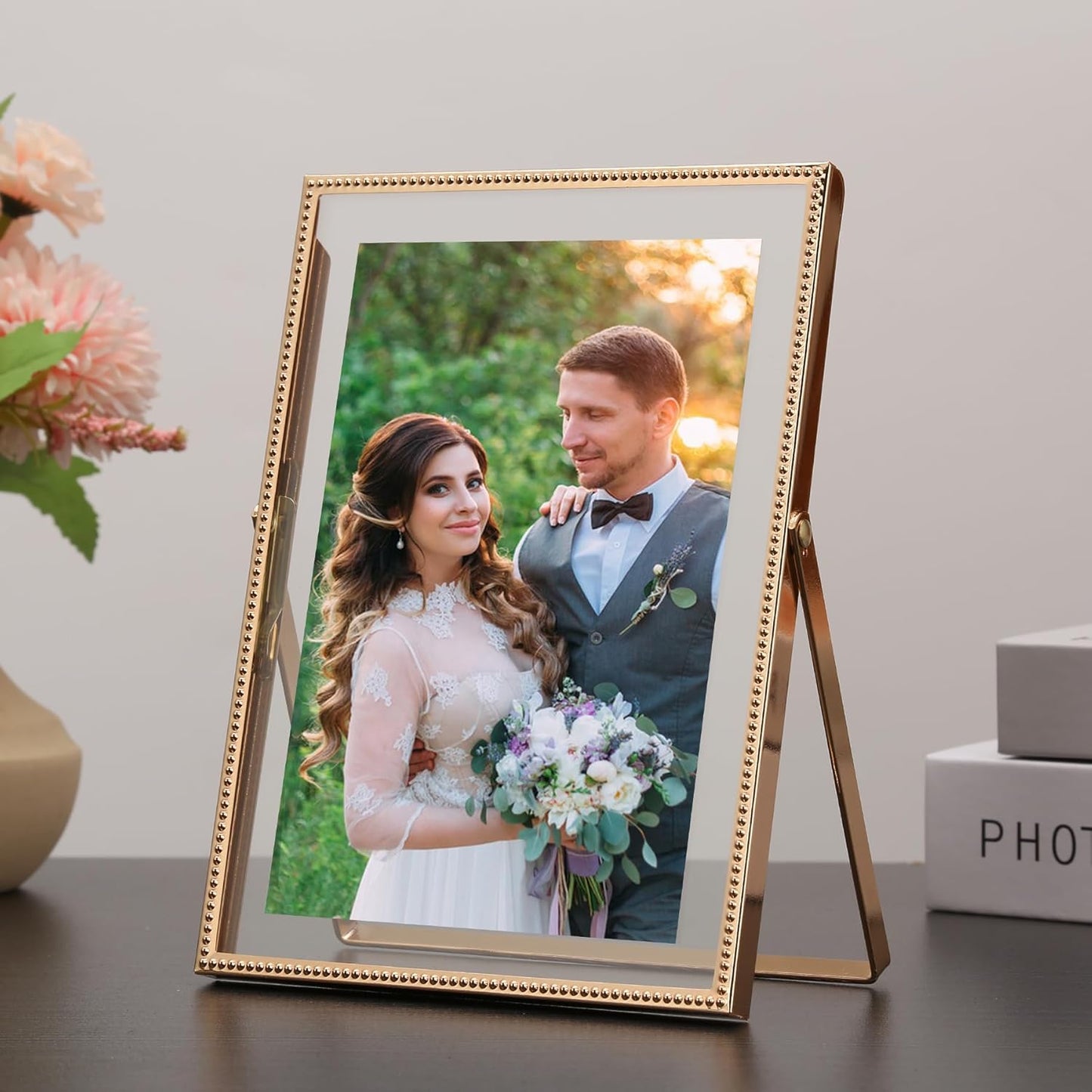 Gold 6x8'' Floating Photo Frame 2 Pack, Beaded Metal Frame Fits 3.5x5'', 4x6'' & 5x7'' Pictures, Adjustable Tabletop & Shelf Display, Elegant Wedding Gift for Home Decor