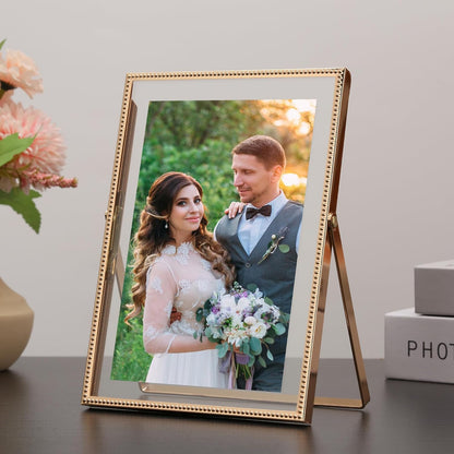 Gold 6x8'' Floating Photo Frame 2 Pack, Beaded Metal Frame Fits 3.5x5'', 4x6'' & 5x7'' Pictures, Adjustable Tabletop & Shelf Display, Elegant Wedding Gift for Home Decor