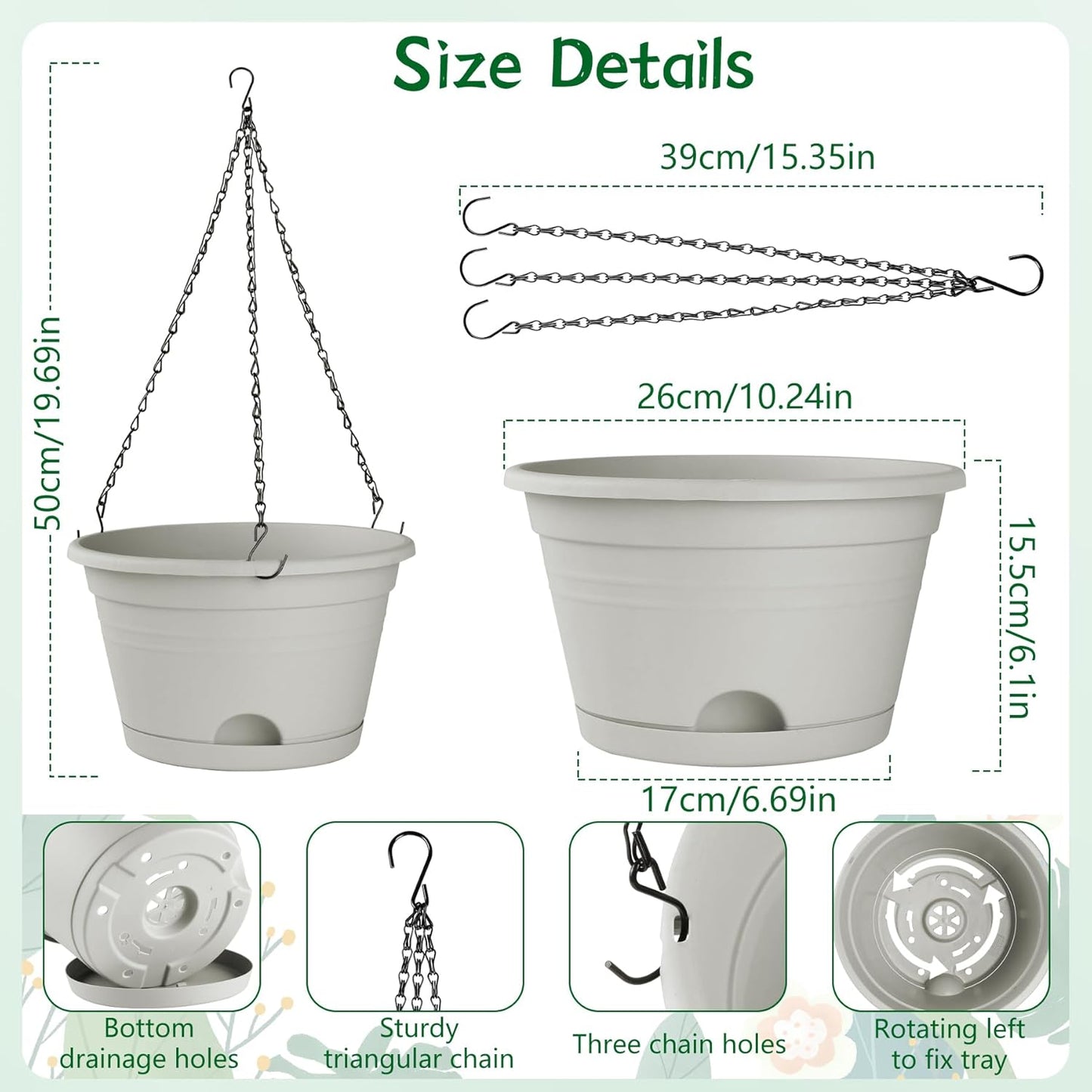 Nooulap 4 Pack Hanging Planters, 10 Inch Hanging Plant Pot with Hanger Chain & Drainage Trays, Hanging Baskets for Plants Outdoor Indoor, Flowers Pots for Home, Garden, Porch Decor (Black)
