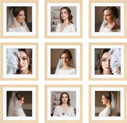 12x12 Picture Frame Set of 9, Display Pictures 8x8 with Mat or 12x12 without Mat, Multi Collage Gallery Square Photo Frames for Wall or Tabletop, Black