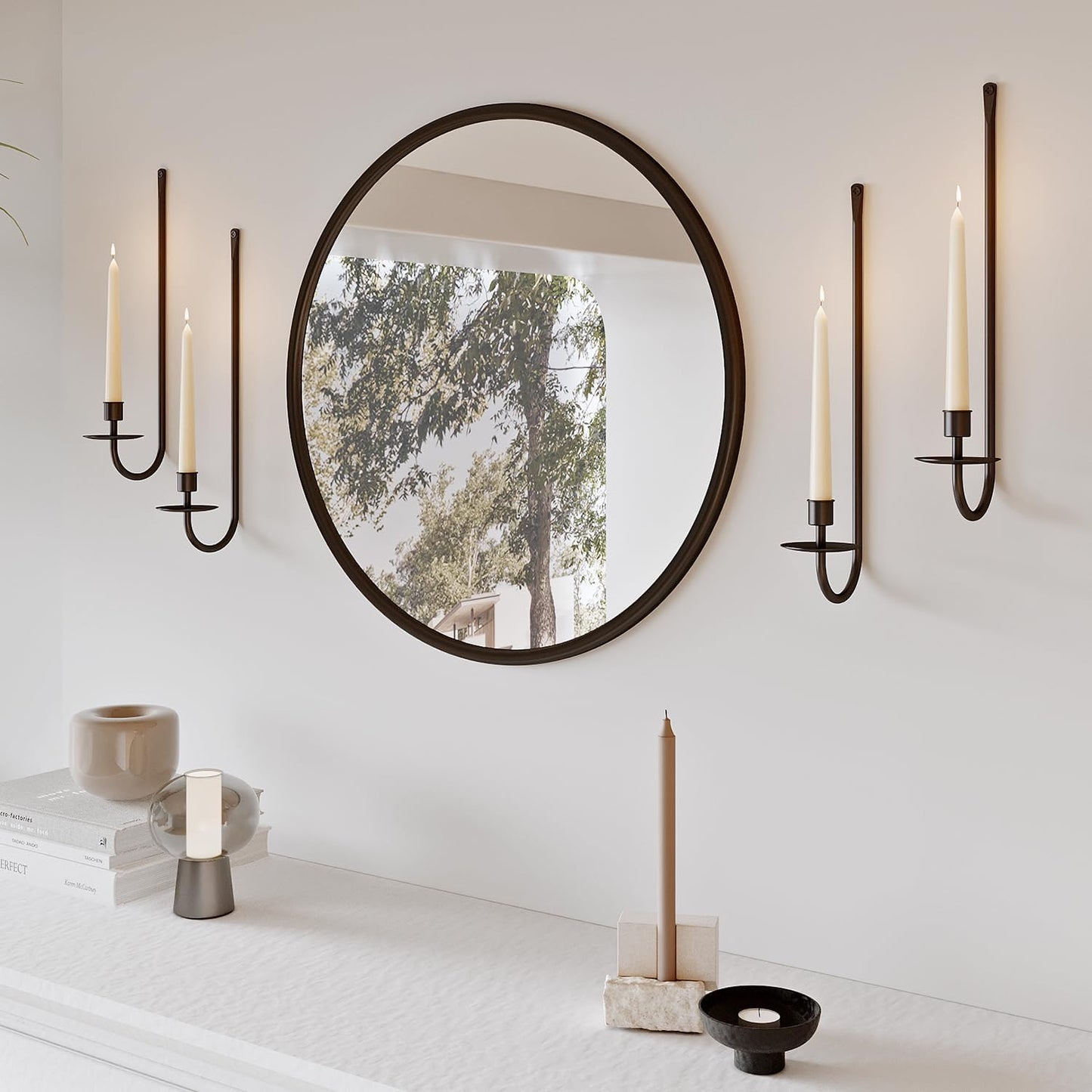 Metal Wall Candle Sconce Holder Set of 2 Wall Mount Candle Holder Pillar Holder Black Modern Wall Candle Sconces Hanging for Living Room Farmhouse Fireplace Wedding