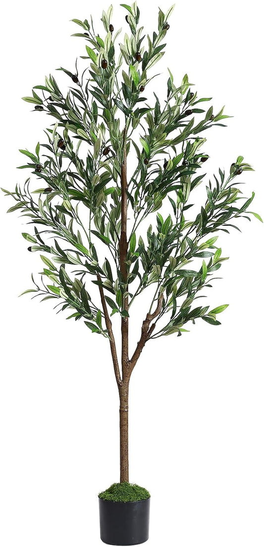 Alupssuc Olive Trees Artificial Indoor, 6FT Tall Faux Olive Tree with White Planter, Artificial Plants with Lifelike Fruits and Realistic Leaves for Modern Home Office Living Room Decor