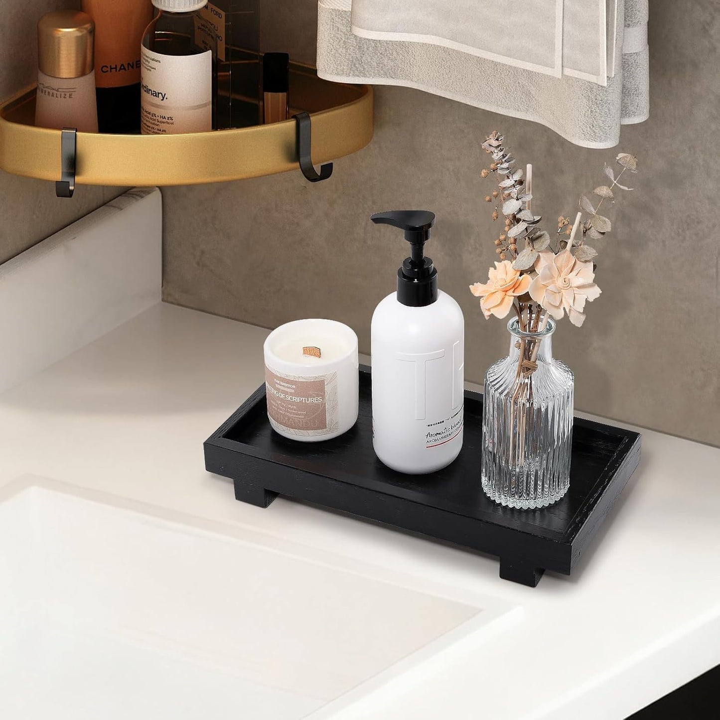 Decorative Tray Small Pedestal Stand Farmhouse Bathroom Decor Wooden Riser Display Stand for Vanity, Kitchen Countertop, Sink, 9.4 * 4.7 White