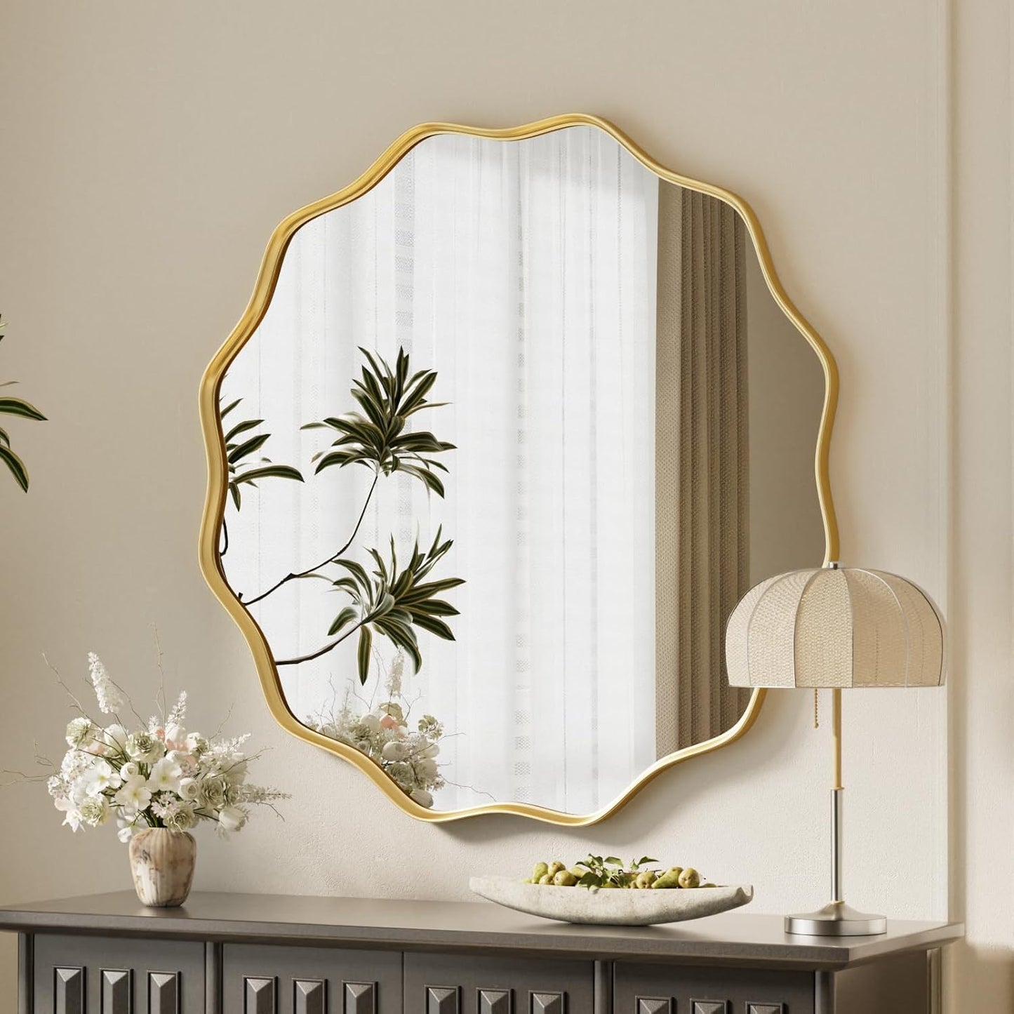 VooBang Black Scalloped Large Circle Mirror, 42" Wavy Edge Round Wall Mirror with Tempered Glass Textured Circular Metal Deep Frame, Hanging Leaning for Bathroom, Hallway, Entryway, Livng Room