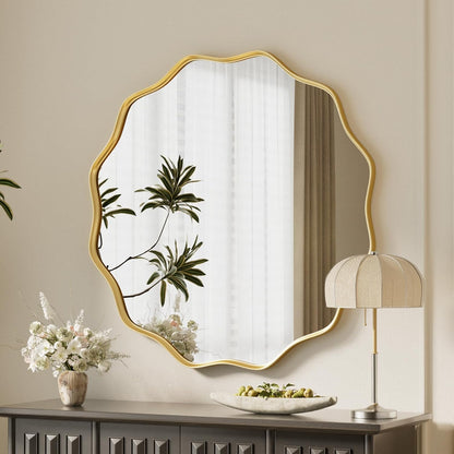 VooBang Black Scalloped Large Circle Mirror, 42" Wavy Edge Round Wall Mirror with Tempered Glass Textured Circular Metal Deep Frame, Hanging Leaning for Bathroom, Hallway, Entryway, Livng Room