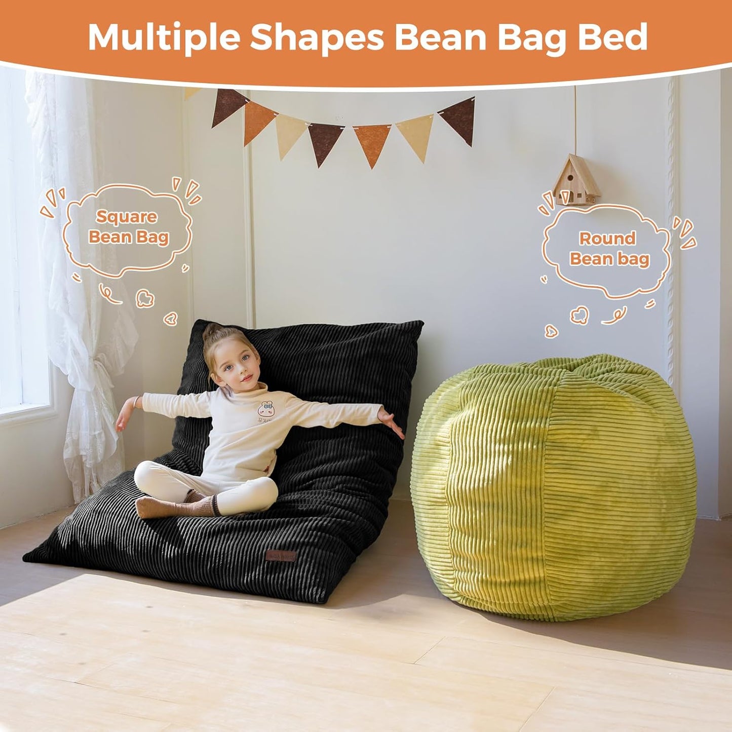 MAXYOYO 3 in 1 Kids Bean Bag Chair Couch, Convertible Chair Folds from Bean Bag to Lounger, Child Floor Sofa for Gaming, Reading, Floor Mattress with High-Density Foam Filling