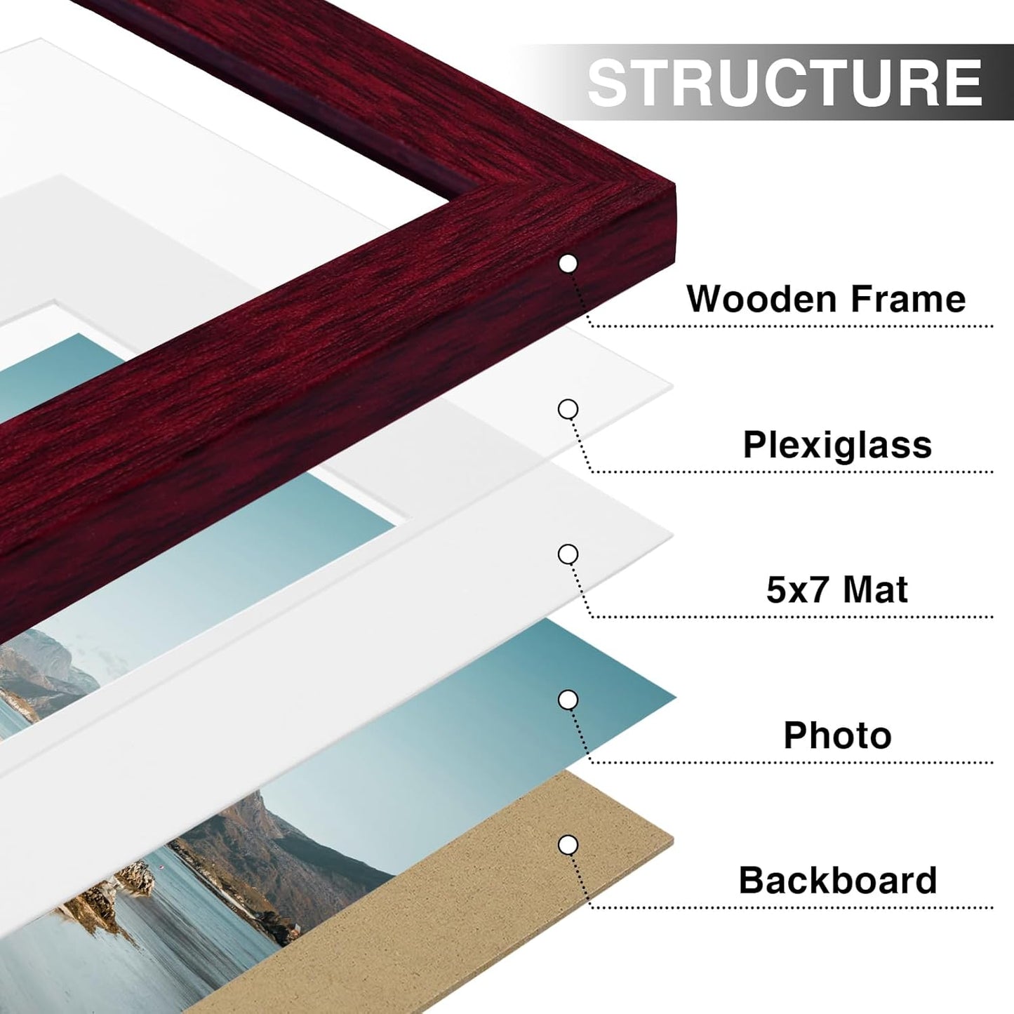 Vittanly 8x10 Picture Frames Set of 9, Shatter Resistant Plexiglass, Display 5x7 Pictures with Mat or 8x10 without Mat, Photo Frames for Wall or Tabletop, Engineered Wood, Black - Colors B