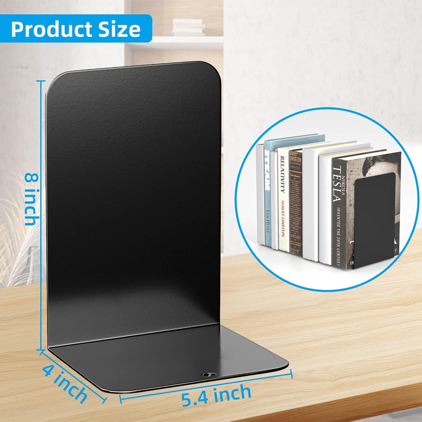 VFINE Bookends 4 Pairs, Black Metal Book Ends, Bookends for Shelves, Book Stopper for Heavy Books, Book Dividers for Home Office School Supplies