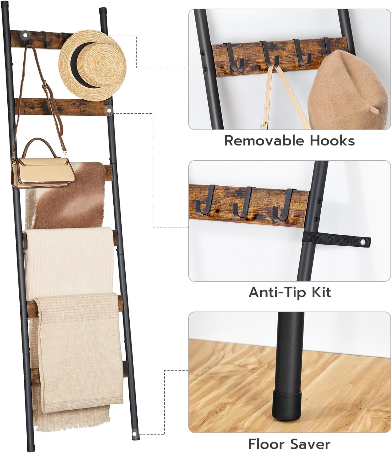 HOOBRO Blanket Ladder, 5-Tier Towel Rack with Hooks, Wall-Leaning Blanket Rack, Decorative Display Ladder Shelf, for Scarves, Industrial, Living Room, Bedroom, Rustic Brown and Black BF52CJ01