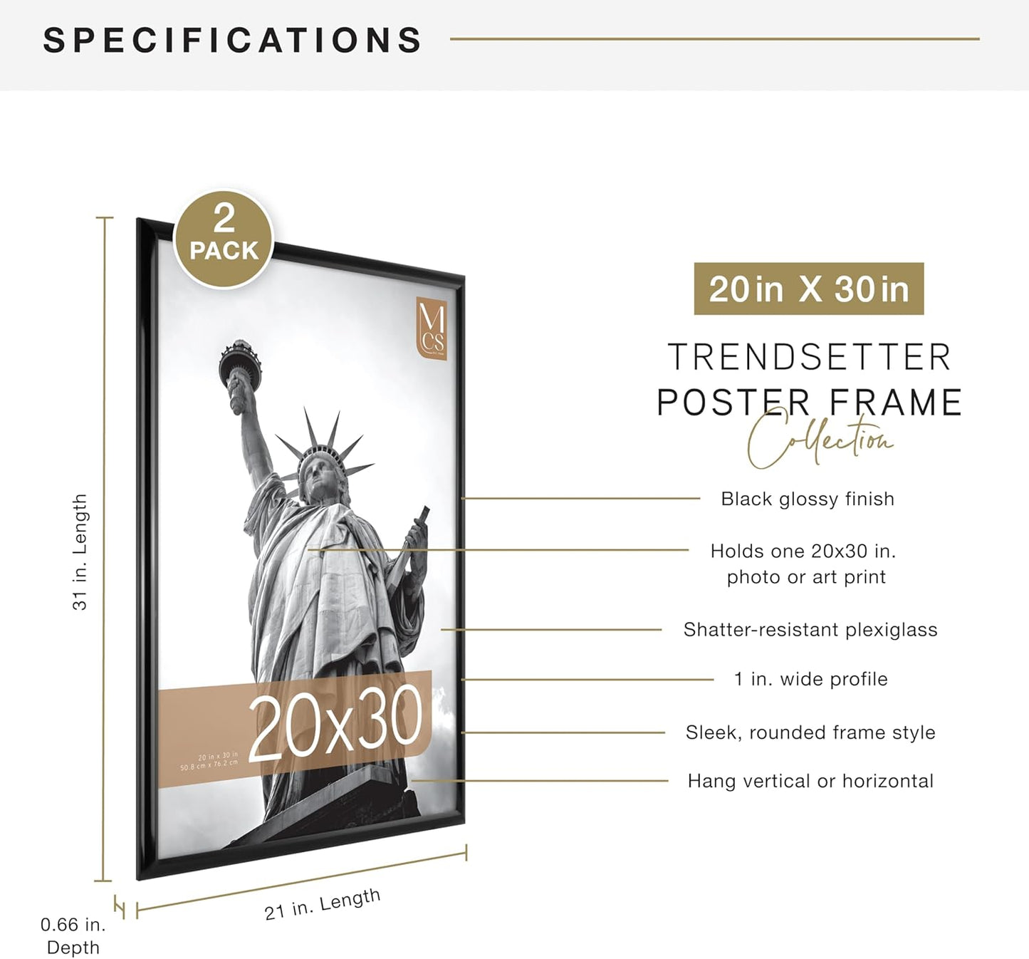 MCS Trendsetter 24x36 Poster Frame Black High-Gloss, Vertical & Horizontal Wall Hanging Large Picture Frame for Photos, Posters & Art Prints (1-Pack)