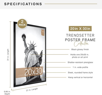 MCS Trendsetter 24x36 Poster Frame Black High-Gloss, Vertical & Horizontal Wall Hanging Large Picture Frame for Photos, Posters & Art Prints (1-Pack)
